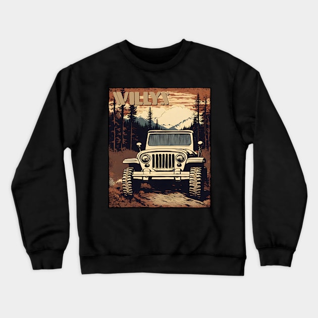 Jeep Willys Rustic Fall Mountain Scene Crewneck Sweatshirt by SunGraphicsLab